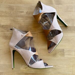 Donald J Pliner Pink Brown Ikaya Folded Italian Leather Heeled Zip Sandal SZ 8B